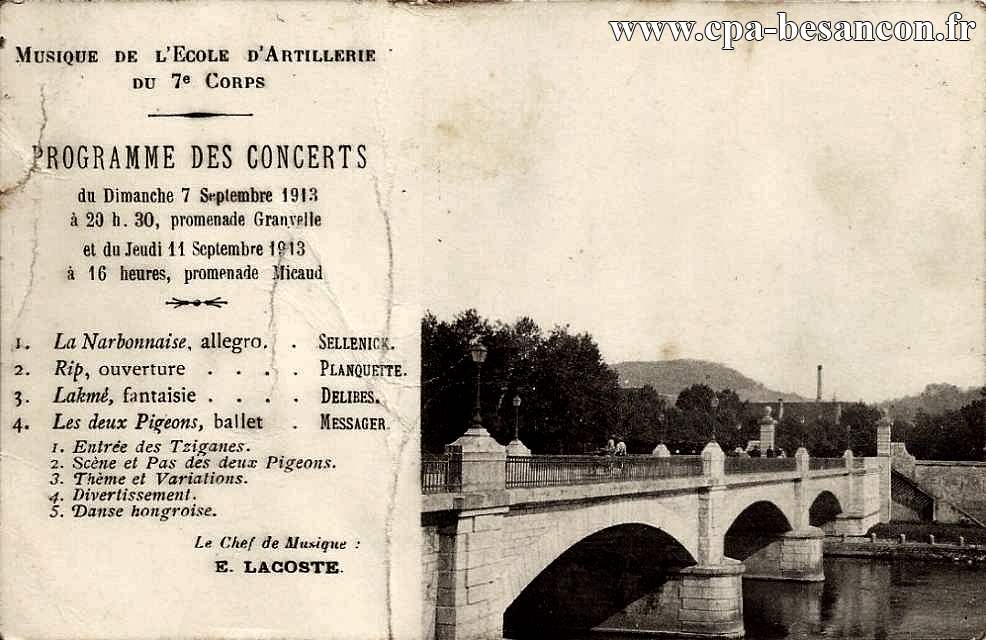 Musique de l'Ecole d'Artillerie du 7e Corps - Programme des Concerts du Dimanche 7 Septembre 1913 à 20 h. 30, promenade Granvelle et du Jeudi 11 Septembre 1913 à 16 heures, promenade Micaud